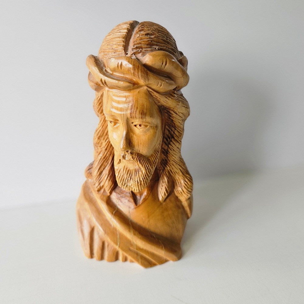 Vtg Hand-Carved Olive Wood Jesus Christ Bust Crown of Thorns 6.5in Tall